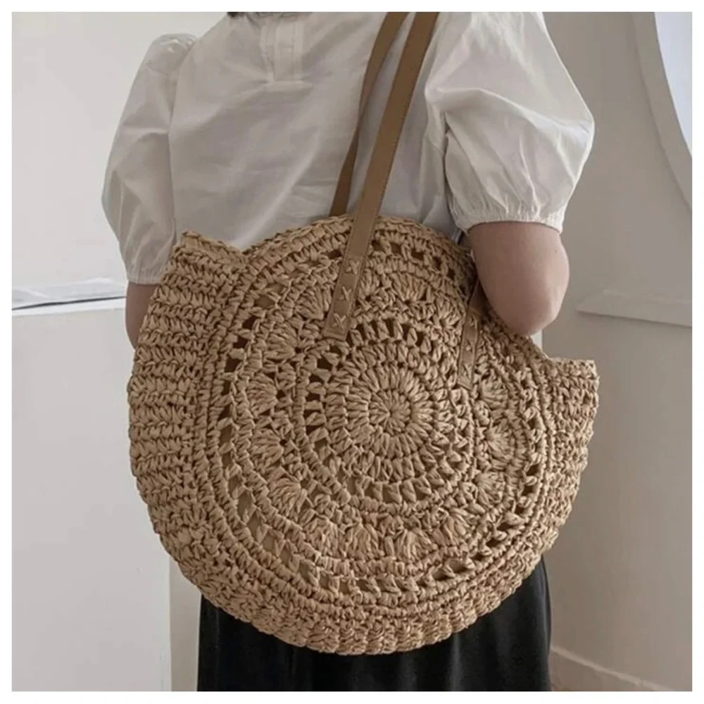 Boho Straw Round Large Capacity Shoulder Bag - Picture 3 of 8